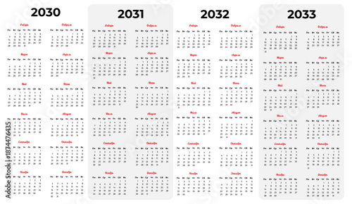 Vector set of simple calendars 2030-2033 in Russian