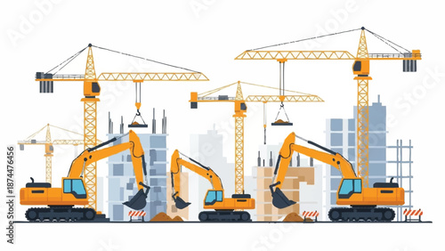 Illustration of heavy construction machinery including excavators and cranes in a cityscape with skyscrapers against a white background.
