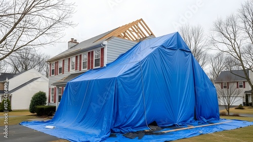 House with partially removed roof covered by blue tarp on suburban street construction