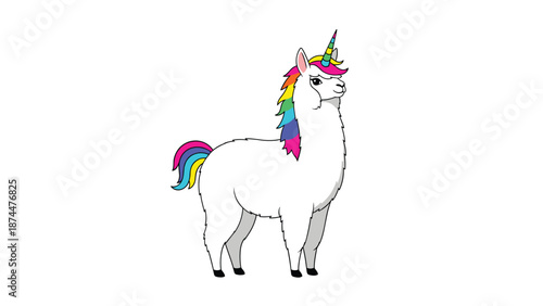Whimsical white llama character with a colorful rainbow horn and mane standing against a plain white background.