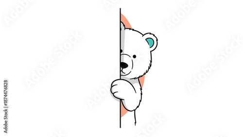 Sweet polar bear character peeking curiously from behind a vertical white edge on a simple white background.