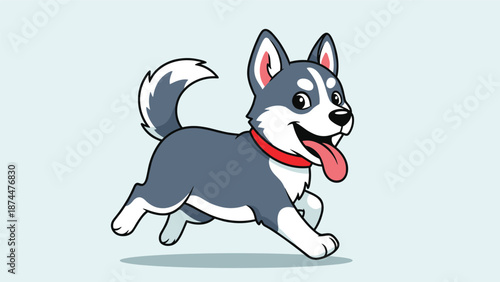 Playful husky puppy running happily with its tongue out and wearing a red collar on a light blue background.
