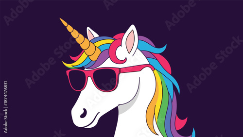 Cool white unicorn wearing pink sunglasses and sporting a vibrant rainbow mane against a dark purple background.