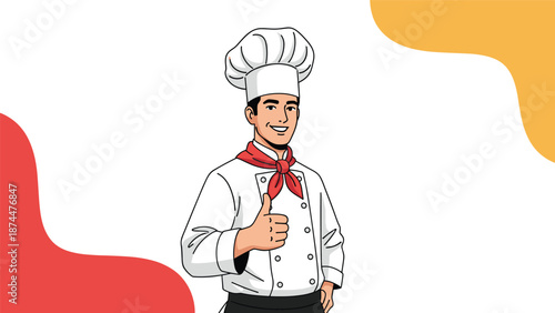 Professional male chef in white uniform and hat smiling and giving a thumbs up gesture against a modern background.