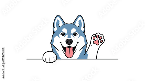 Cheerful blue husky dog peeking over a white border waving its paw and smiling with a friendly expression.