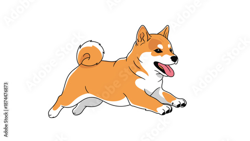 Energetic shiba inu dog running happily with its mouth open and tongue out on a clean white background.
