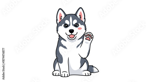Sitting husky puppy illustration waving its paw and smiling with a cute blush on its cheeks on white background.