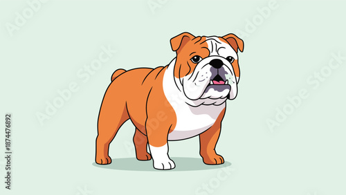 Sturdy english bulldog illustration standing in profile view against a soft light green background for pet lovers.
