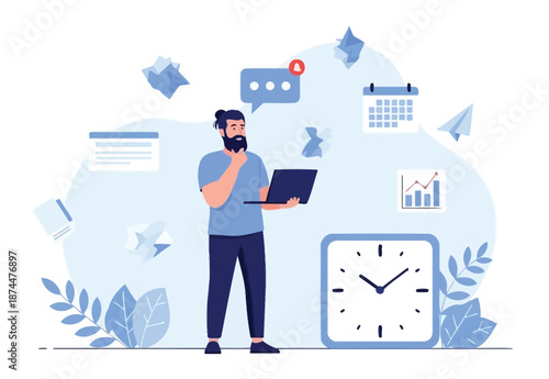 Business Man With Laptop Standing Beside Clock and Charts in Modern Workspace Illustration