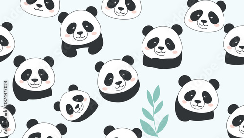 Cute seamless pattern of panda bear faces with pink cheeks and green leaves on a pale blue background.