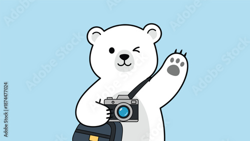 Adventurous polar bear wearing a camera and bag while winking and waving its paw on a light blue background.