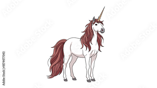 Elegant white unicorn standing with a long flowing brown mane and tail on a simple white background.