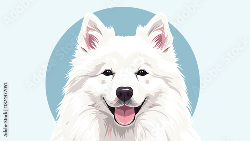 Smiling white samoyed dog face in close-up set against a blue circular background for pet related themes.
