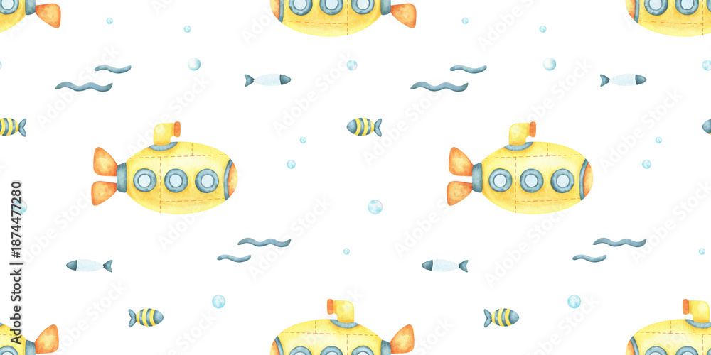 Fototapeta premium Yellow submarine, fish, waves and bubbles Hand drawn watercolor seamless pattern. Kids background of cute underwater transport. Nursery print children room design, fabric, wrapping paper, baby bedding