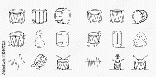Continuous line art of various drums and musical instruments with sound waves, vector illustration.