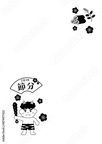節分のモノクロイラスト　バナー　背景　2月