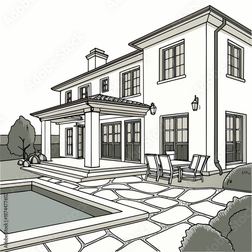 Luxury residential villa with calm pool and outdoor seating area