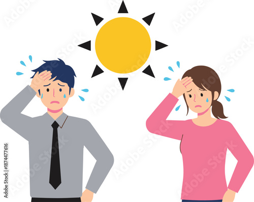 Stressed man and woman suffering from heat under hot sun illustration showing summer weather discomfort vector