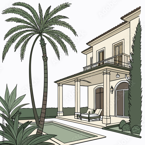 End villa poolside with palm tree and patio furniture