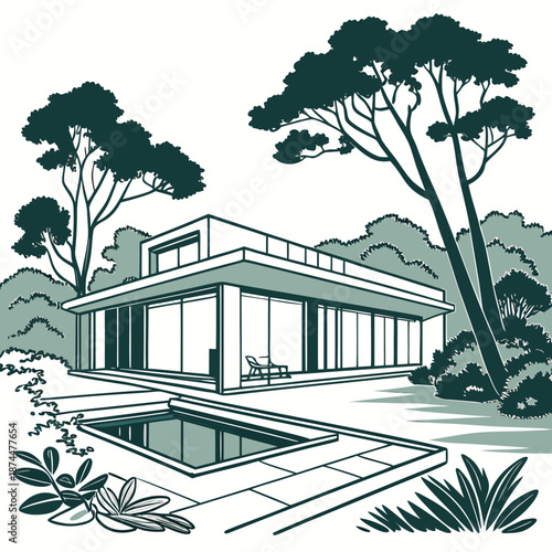 Minimalist modern villa with geometric pool and greenery