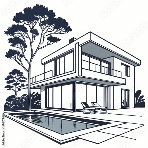 Modern villa architecture with pool and lounge chairs