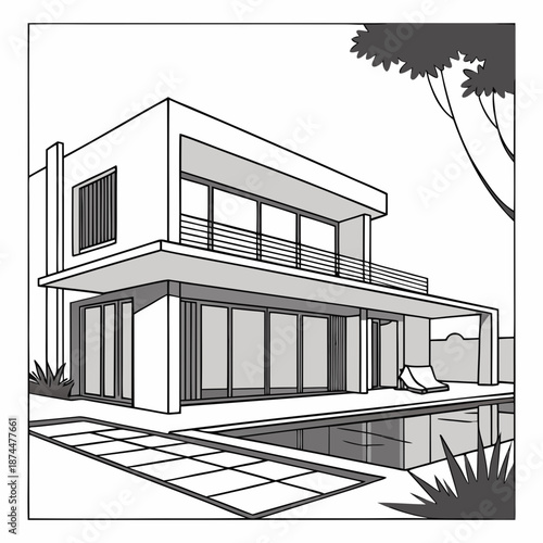 Modern villa architecture with pool and lounge chair