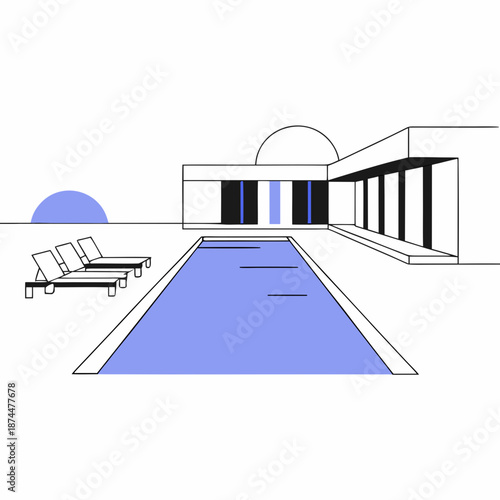 Minimalist villa with long rectangular pool and modern outdoor seating area