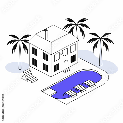 Isometric view of white vacation villa with private swimming pool and palm trees