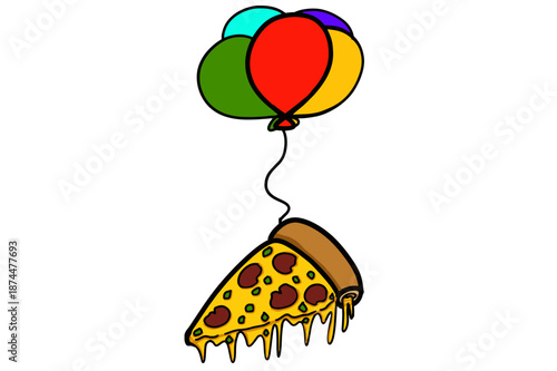 A slice of pizza floating on a balloon