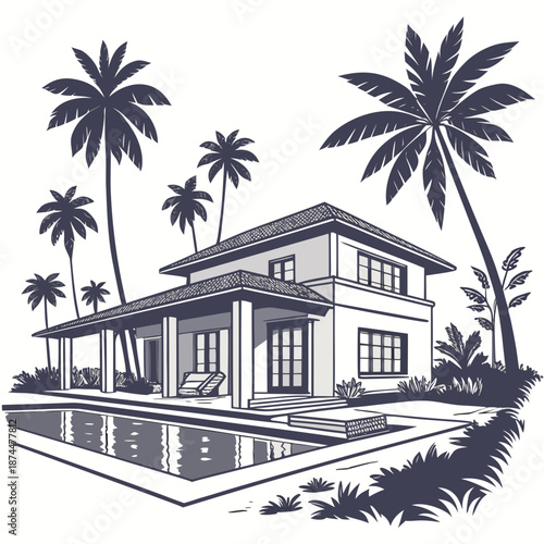 Resort inspired villa exterior with calm pool water and palm trees 1