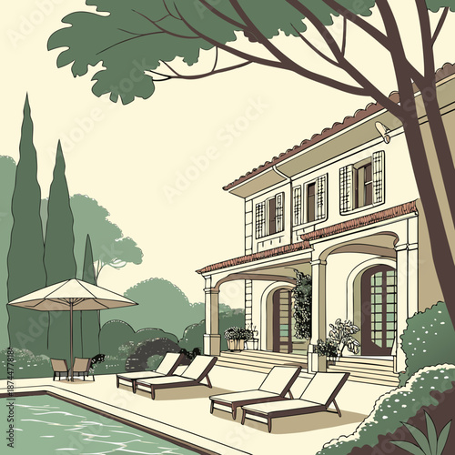 End villa poolside scene with lounge chairs and tree