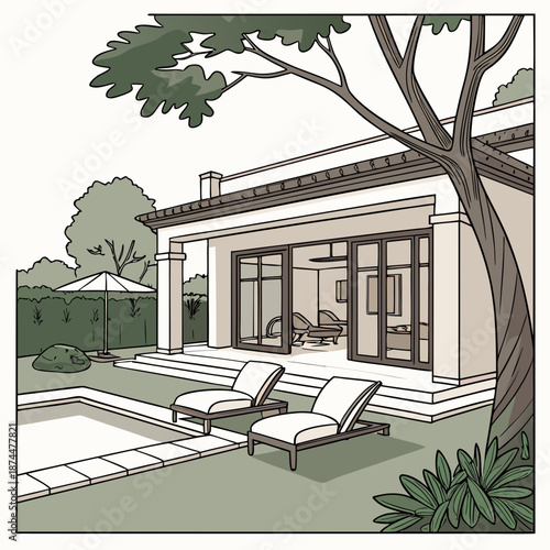 Luxury villa backyard with pool and seating arrangement 1