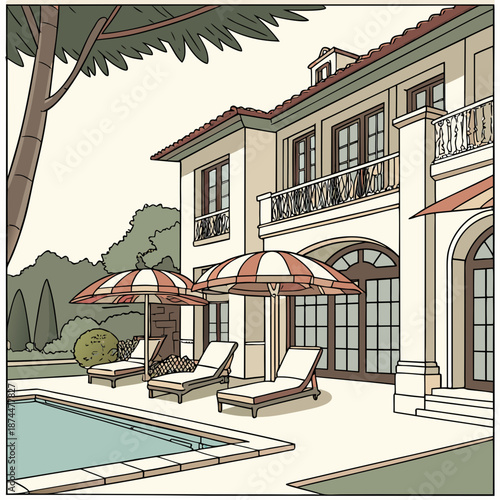 Luxury villa poolside scene with lounge chairs and umbrellas