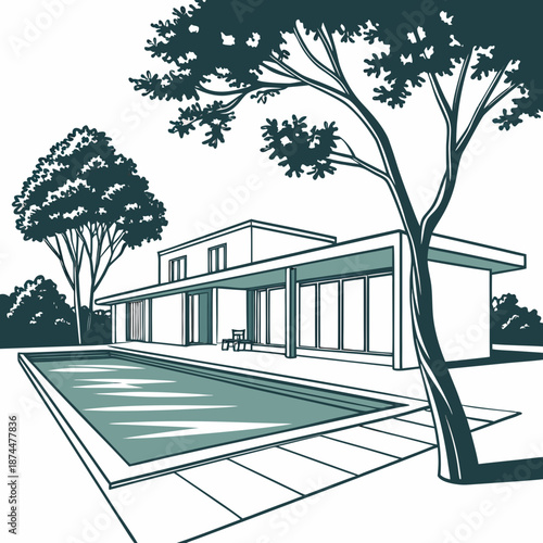 Modern house with rectangular pool and trees minimal house