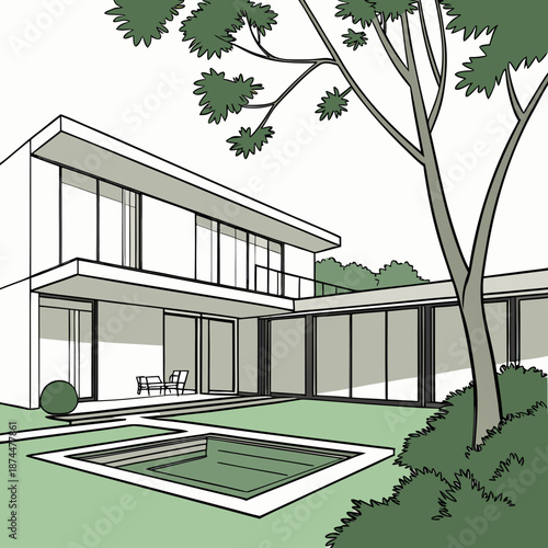 Modern villa architecture with integrated pool and tree