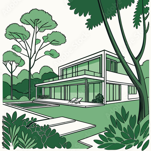 Modern villa architecture with integrated pool and lush greenery