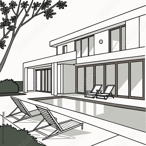 Contemporary villa courtyard with swimming pool and lounge chairs 1