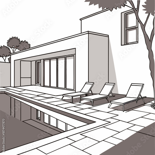 Contemporary villa courtyard with swimming pool and lounge chairs