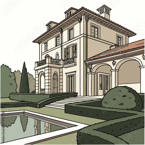 Large beige villa with brown roof and pool house mansion