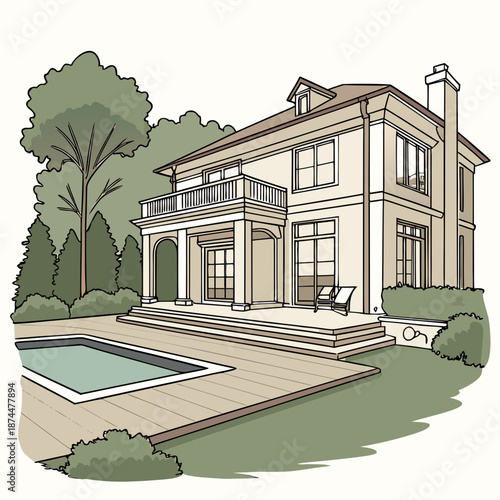 Luxury residential villa with pool and wooden deck