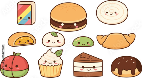 Cute kawaii food illustration set with desserts bread pastries and smiling sweet snacks isolated vector