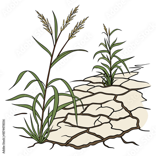 Drought stricken land with withered plants and cracked earth