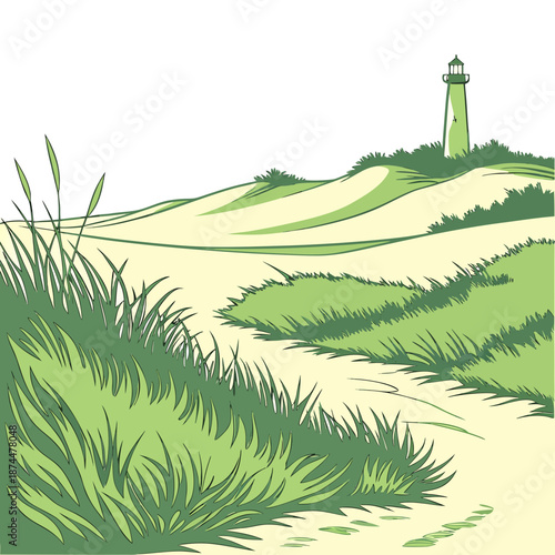 Green grassy sand dunes with lighthouse sandy hills