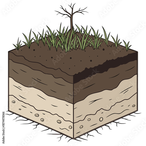 Soil cross section with grass and tree on earth