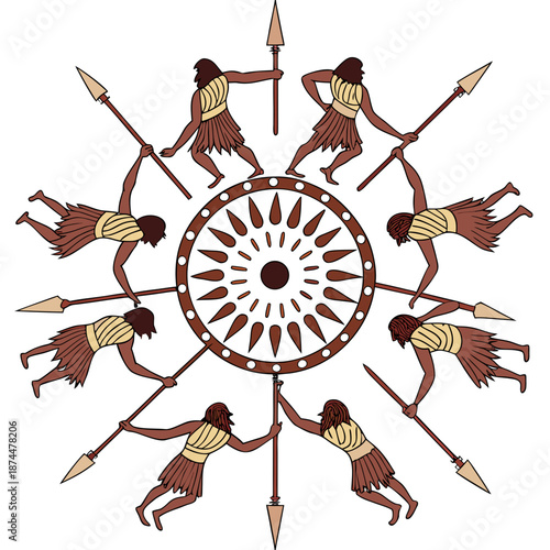 Prehistoric hunters forming coordinated attack circle with spears and shields