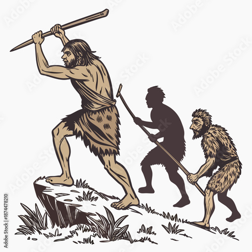 Cavemen hunting with spears on rocky terrain primitive