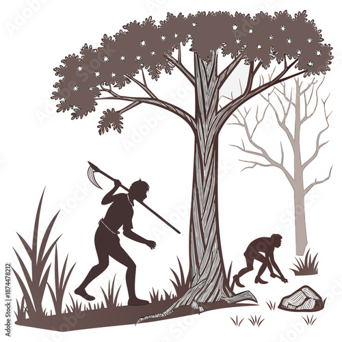 Ancient hunter with spear walking under tree with companion