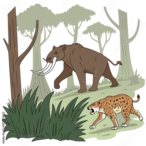 Prehistoric mammoth and saber toothed tiger in forest