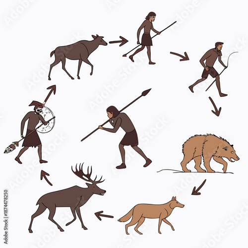 Stone age hunting scene with balanced human and animal figures