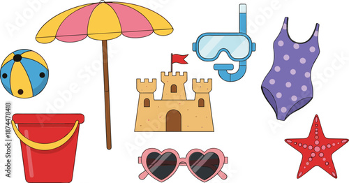Cute summer beach vacation illustration set with umbrella sandcastle swimwear and seaside accessories vector